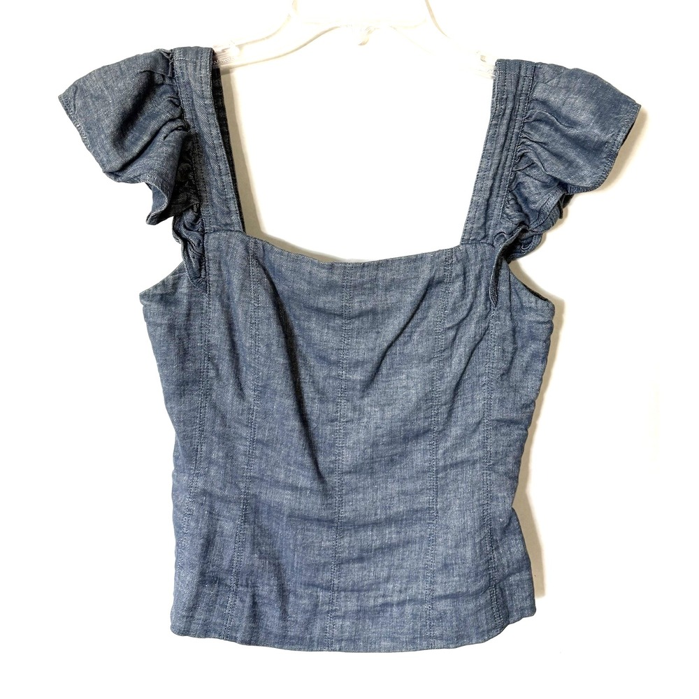 AMUR Crop Top Womens XS Dede Rustic Chambray Peplum Blue Soft Linen Blend